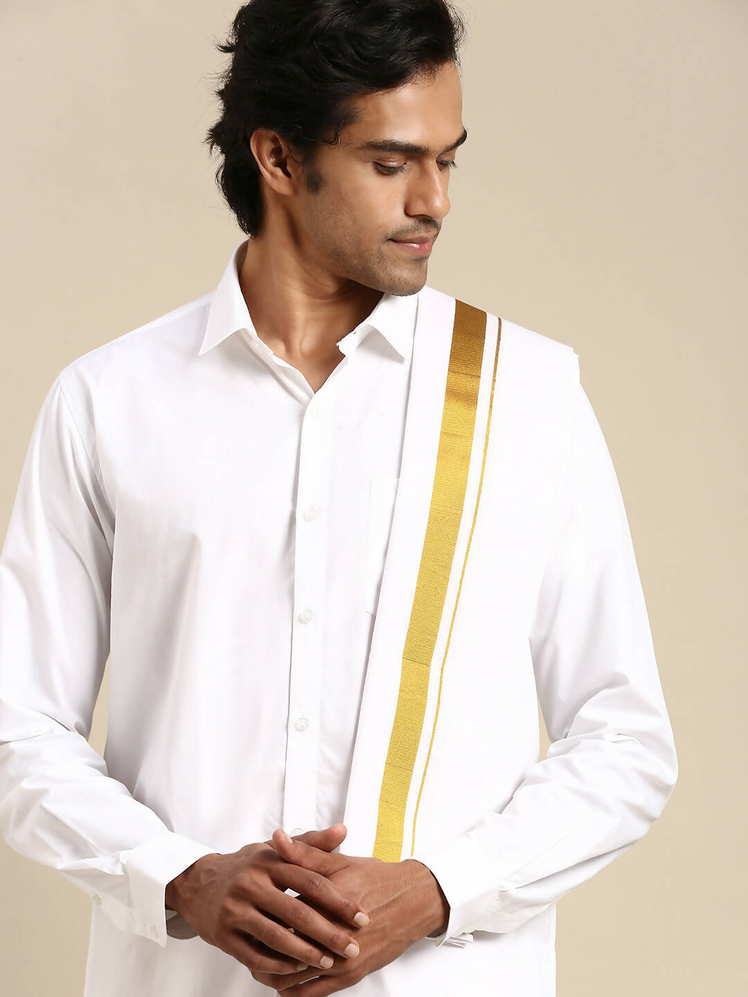 Ramraj Cotton Mens Wedding Set White Regular Dhoti, Shirt & Towel | Grocsy