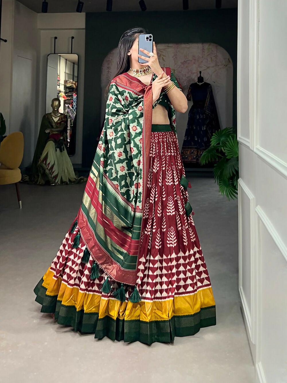 Vastranavya Traditional Printed Tusser Silk Lehenga Choli - Maroon | Grocsy
