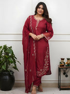 The52 Women's Beautiful Embroidery Work Roman Silk Fabric Straight Kurta Pant and Dupatta Set | Grocsy