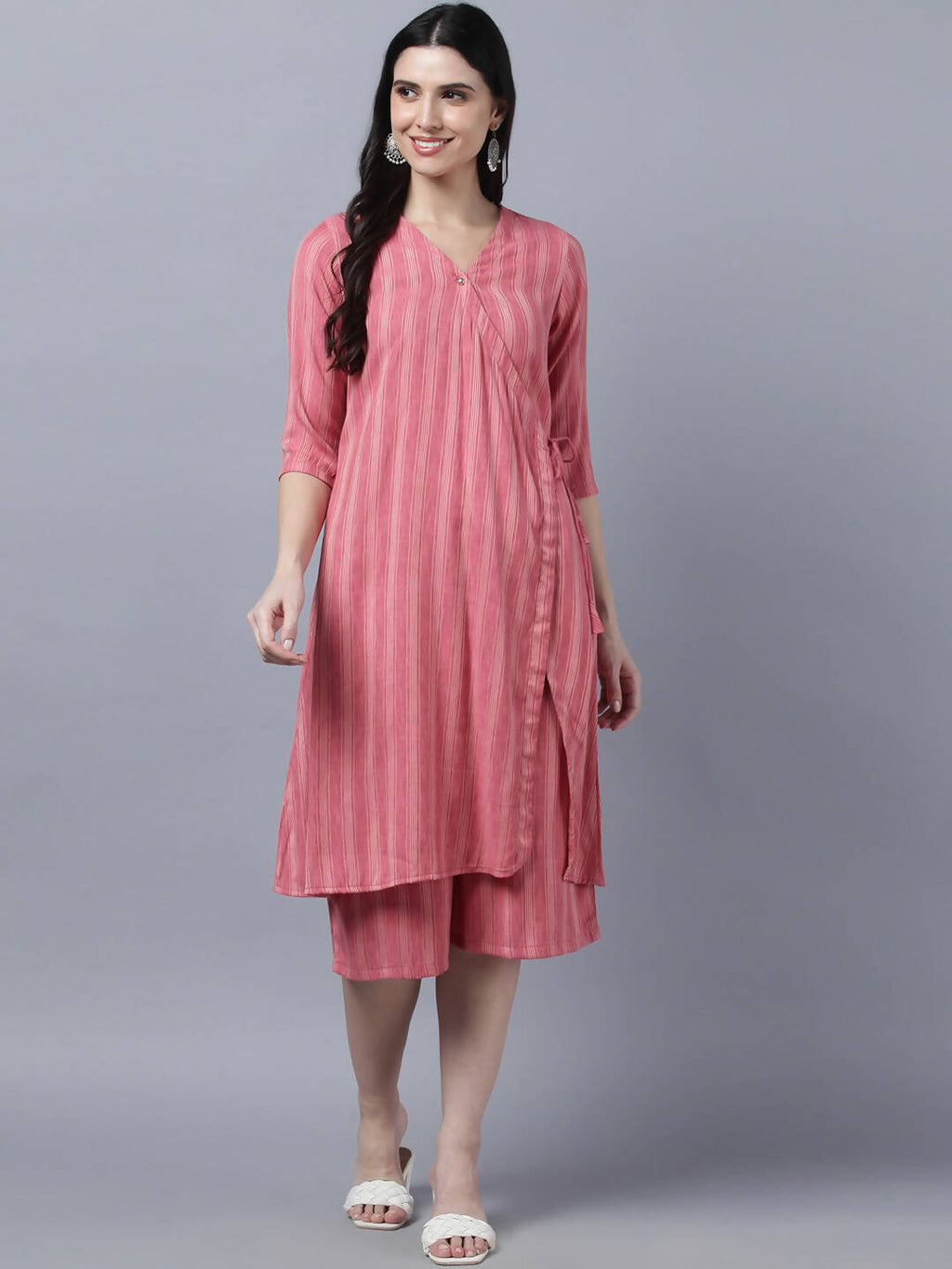 Myshka Stylish Pink Cotton 3/4 Sleeve Women's Kurta Palazzo Set | Grocsy