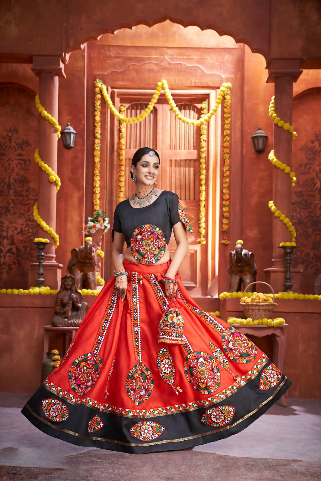 AI Fashion Red Art Silk Designer Navratri Lehenga Choli Collection | Grocsy