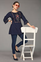 Women's Navy Blue Viscose blend Embroidered Short Top - Marina | Grocsy