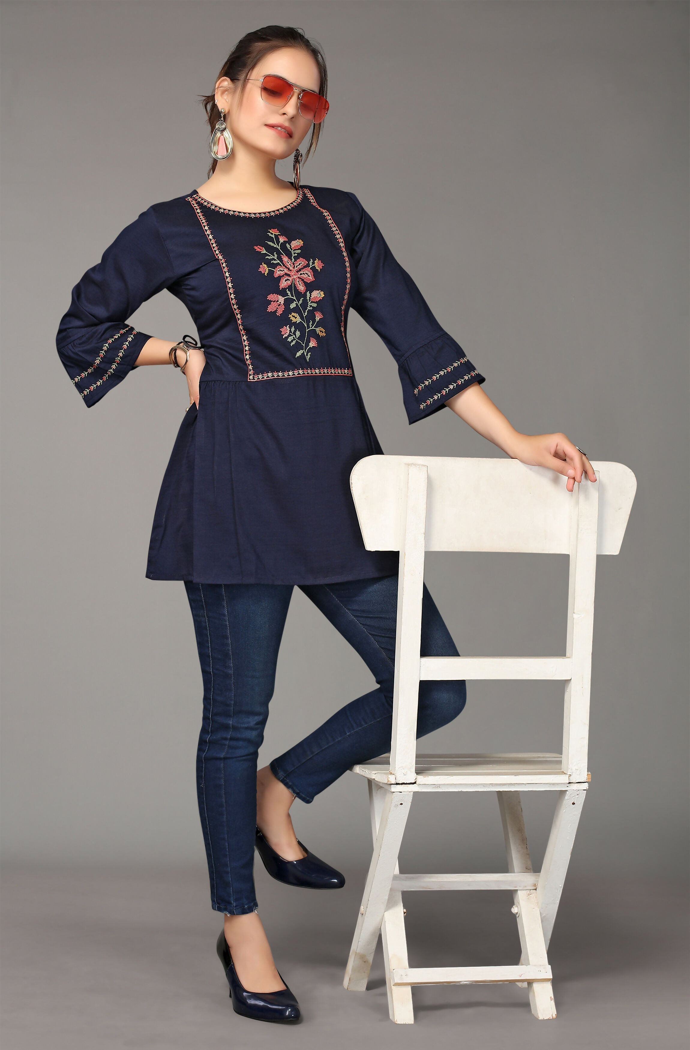 Women's Navy Blue Viscose blend Embroidered Short Top - Marina | Grocsy
