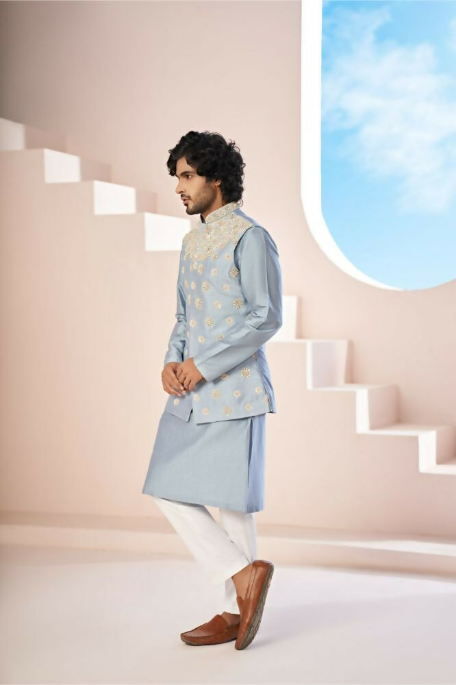 A Powder Blue Floral Hand Embroidered Nehru Jacket by Hilo Design | Grocsy