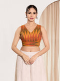 Joban Fashion Mustard Ikat Silk Padded Blouse With V Neck Sleeveless | Grocsy