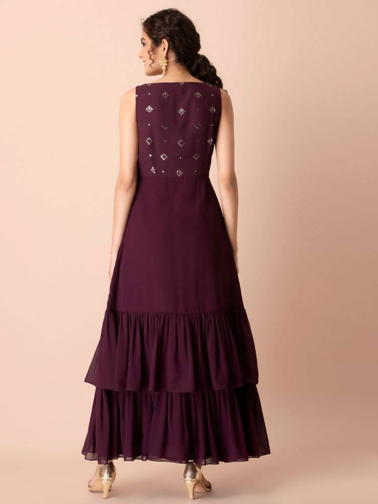 Indya Women Purple & Gold-Toned Embellished Ruffled High Slit Kurta | Grocsy