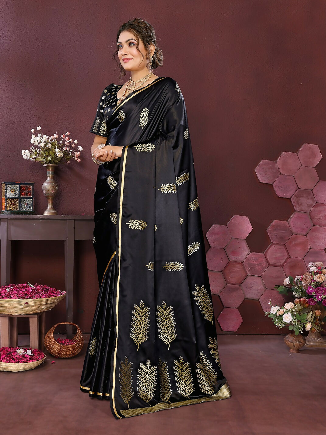 Joban Fashion Black Floral Motifs Banarasi Silk Sarees | Grocsy