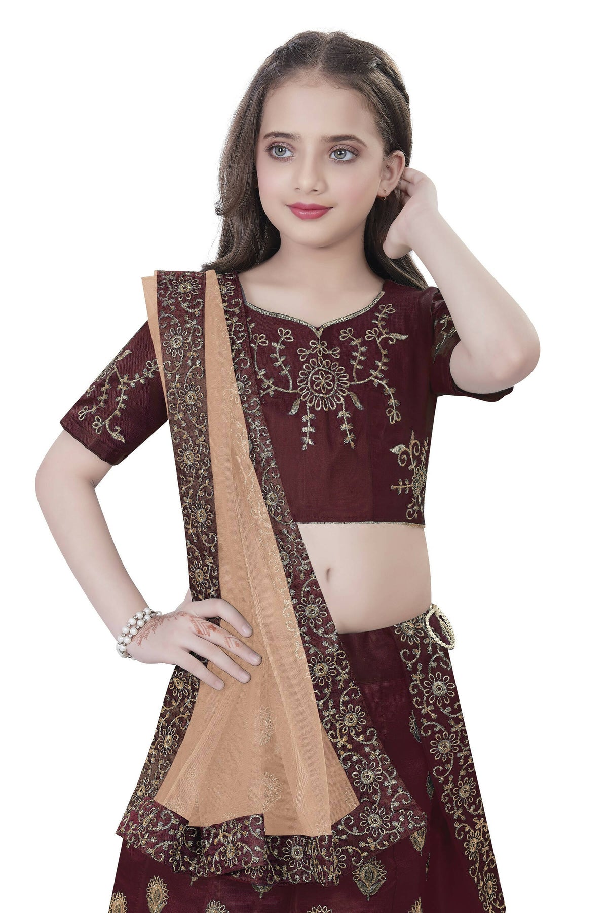 Dwiden Maroon Gulab Tafetta Sattin Semi-Stitched Girl'S Lehenga Choli | Grocsy