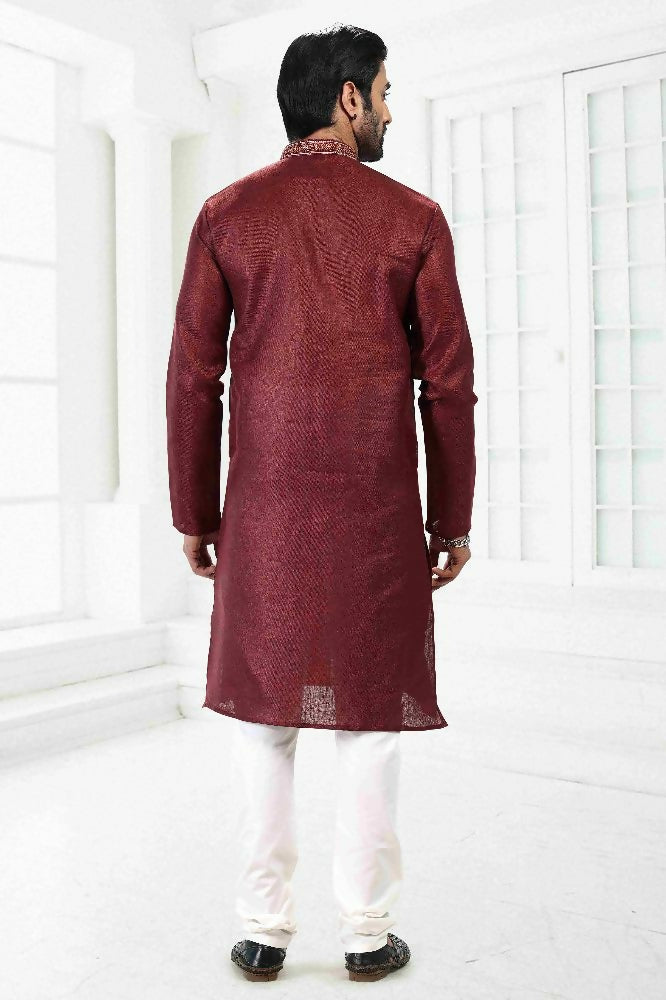 Raivat Ethnic Linen Cotton Thread Work Kurta Pajama In Maroon Colour | Grocsy