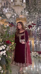 Joban Fashion Wine Velvet Sequence Embroidery Work Kurta Set | Grocsy
