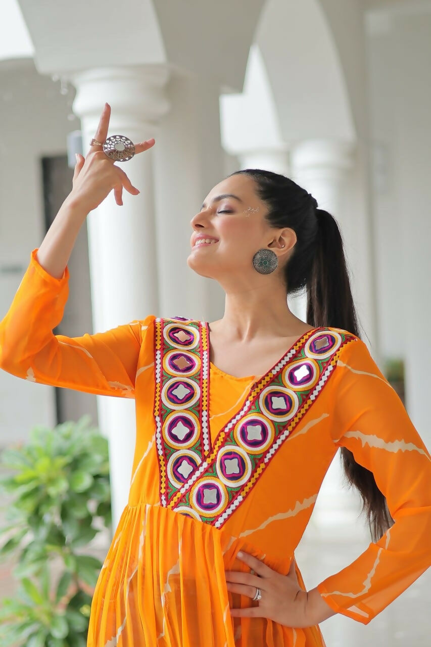 Vastranavya Orange Navratri Special Kutchi Patch Work with Leheriya Printed Kurti | Grocsy
