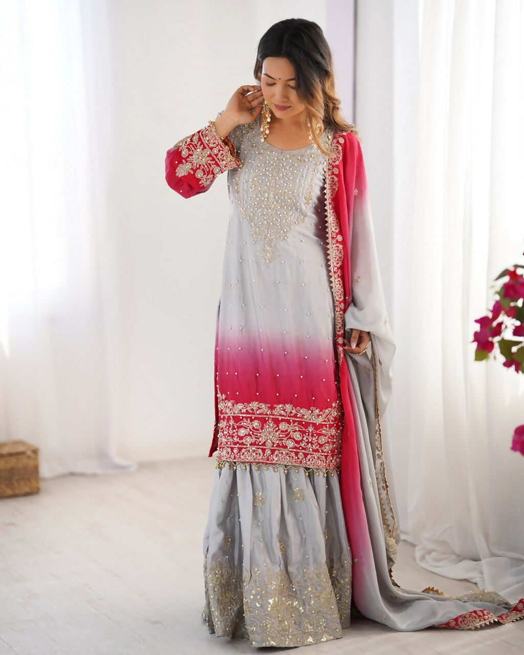 The52 Women's Beautiful Chinon silk Fabric Embroidery Work Straight Kurta Palazzo and Dupatta Set | Grocsy