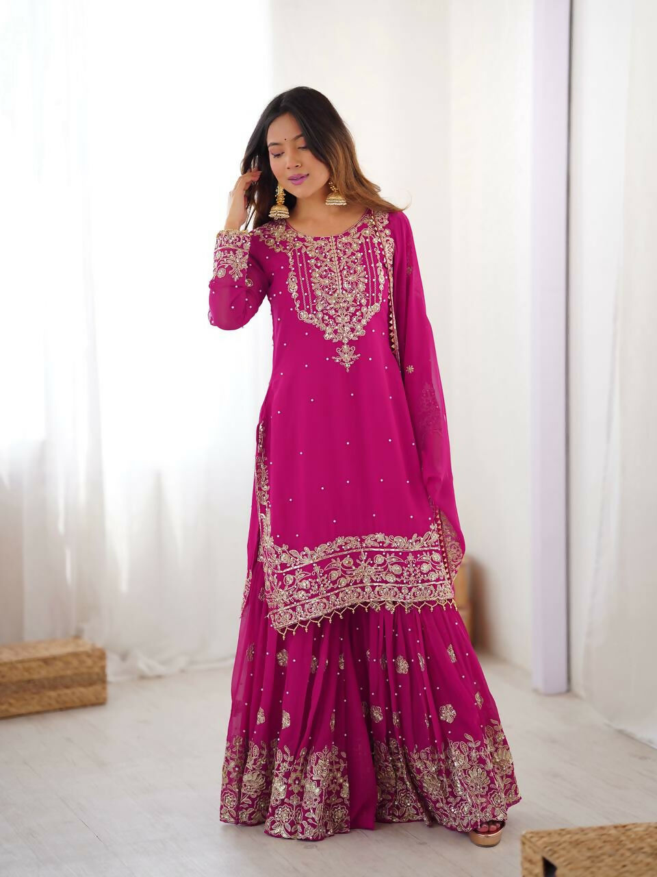 The52 Women's Beautiful Faux Georgette Fabric Embroidery Work Straight Kurt Sharara and Dupatta Set | Grocsy