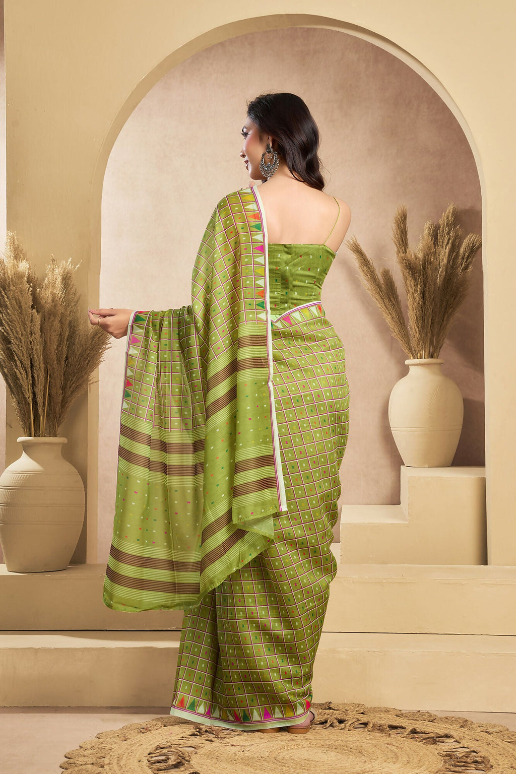 Vastranavya Mehendi Digital Printed Linen Ready To Wear Designer Saree with Unstitched Blouse | Grocsy