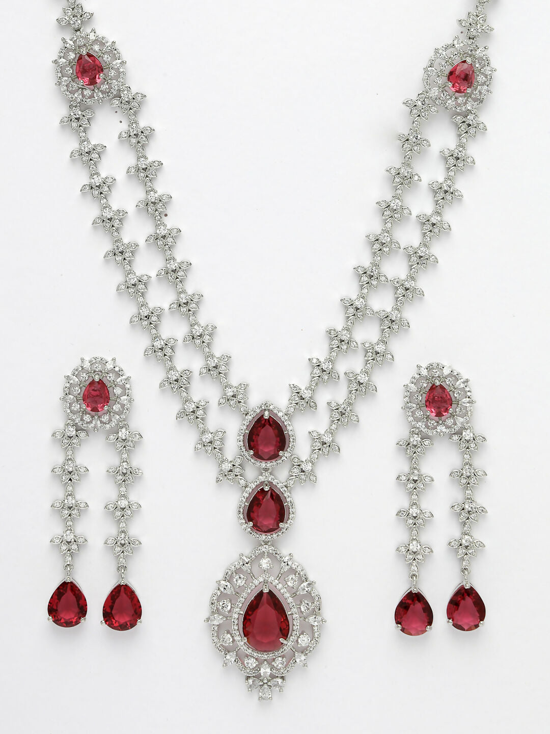 NVR Women's Silver-Plated Red CZ-Studded Handcrafted Jewellery Set | Grocsy
