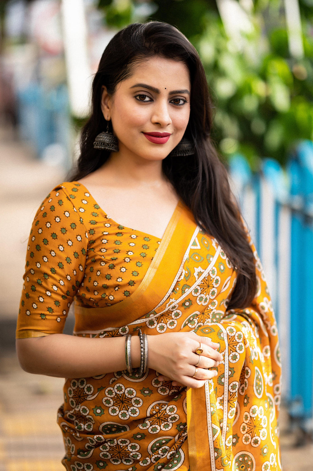 Mustard Cotton Blend Ajrak Saree with Unstitched Blouse - A2M | Grocsy