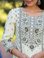 Juniper Women's Green Rayon Staple Kalamkari Floral Placement Printed Kurta | Grocsy