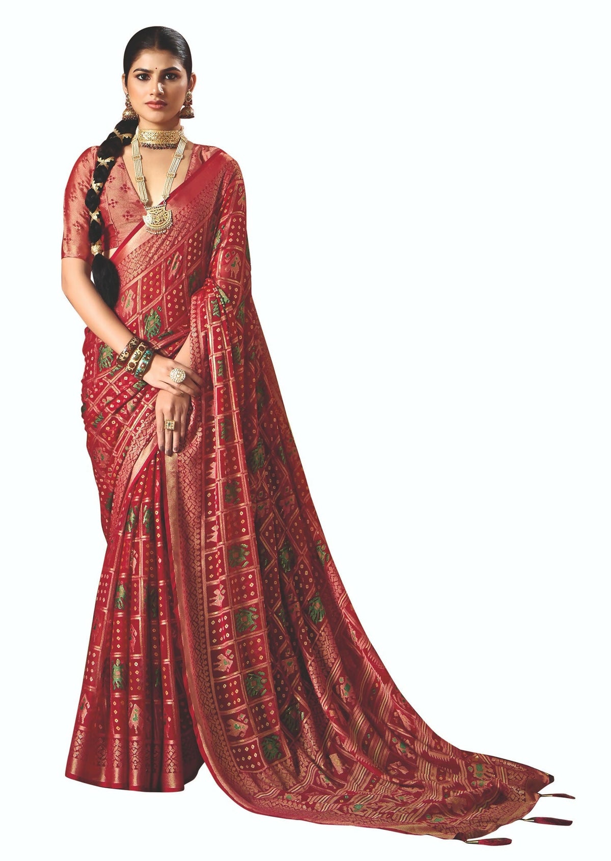 Joban Fashion Red Dull Moss Brasso Saree | Grocsy