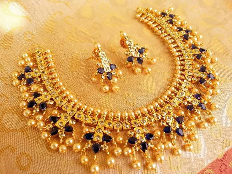 Blue Uncuts Guttapoosalu Necklace Set | Grocsy