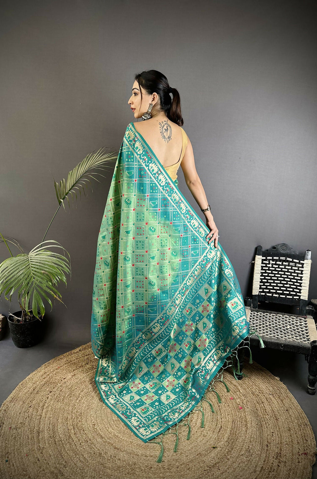 Joban Fashion Turquoise Geometric Pattern Soft Silk Patola Saree | Grocsy