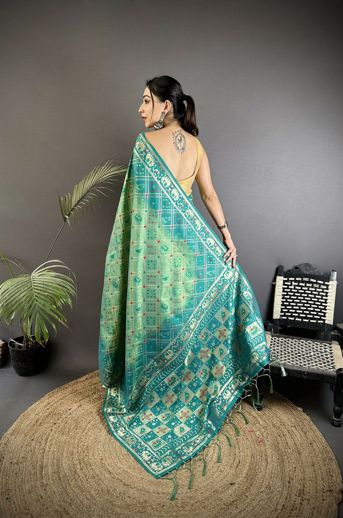 Joban Fashion Turquoise Geometric Pattern Soft Silk Patola Saree | Grocsy