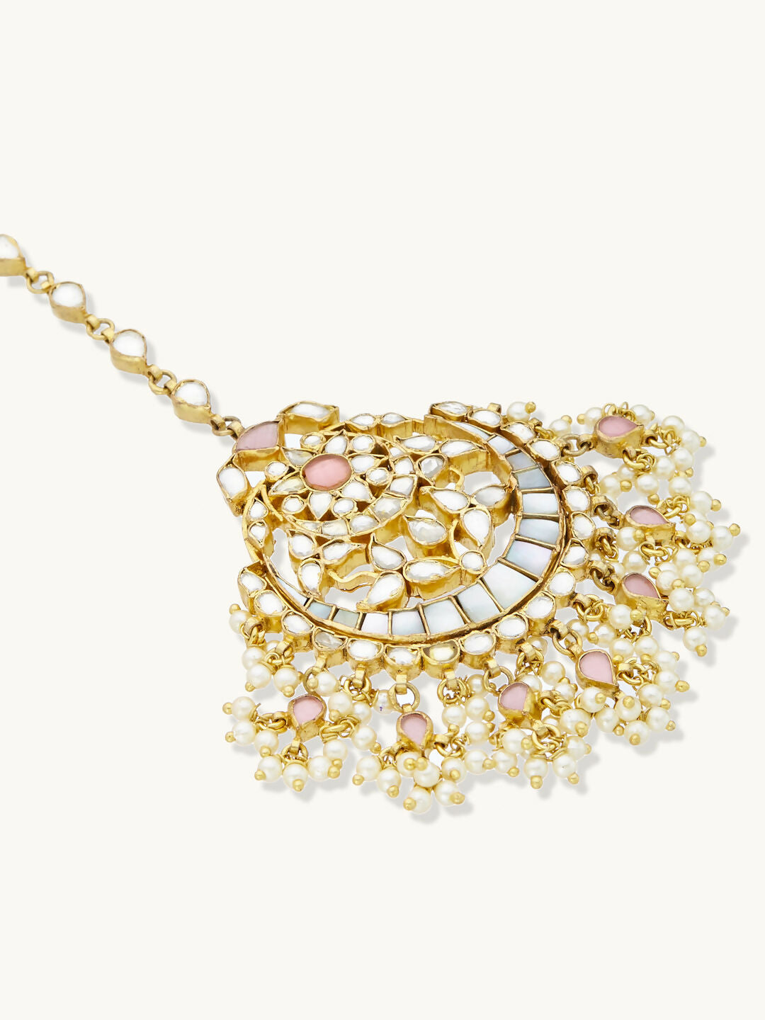 Nuyug 22K Gold-Plated Pearls & Pink Kundan Studded Statement Maang Tikka Head Jewellery | Grocsy