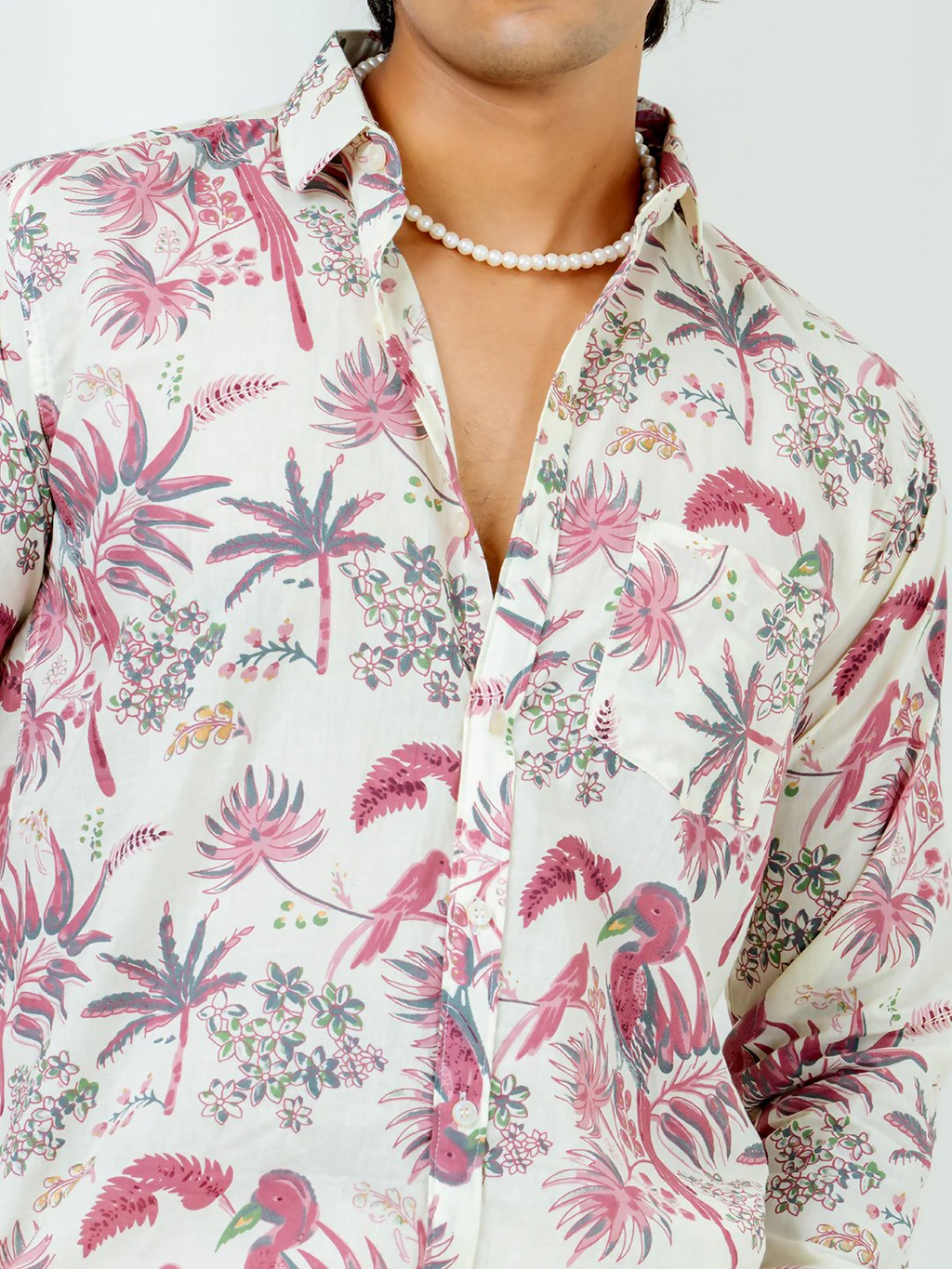 Miravan Men's Pure Cotton Light Pink Bird And Floral Printed Full Sleeve Slim Fit Shirt | Grocsy