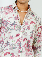 Miravan Men's Pure Cotton Light Pink Bird And Floral Printed Full Sleeve Slim Fit Shirt | Grocsy