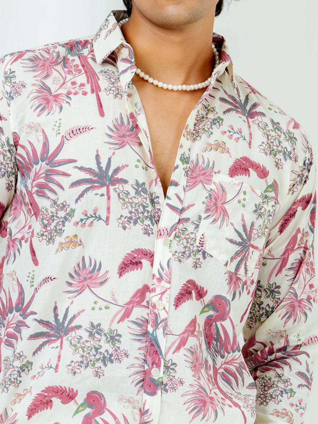 Miravan Men's Pure Cotton Light Pink Bird And Floral Printed Full Sleeve Slim Fit Shirt | Grocsy
