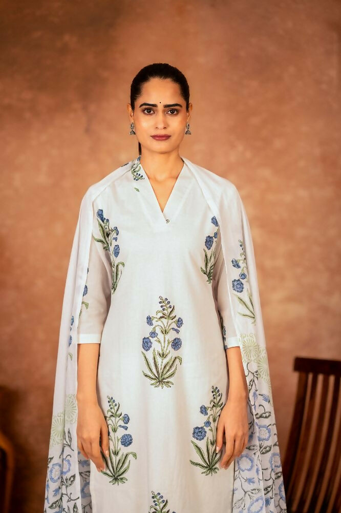 Joban Fashion Off White Blue Hand Block Printed Cotton Suit Set | Grocsy