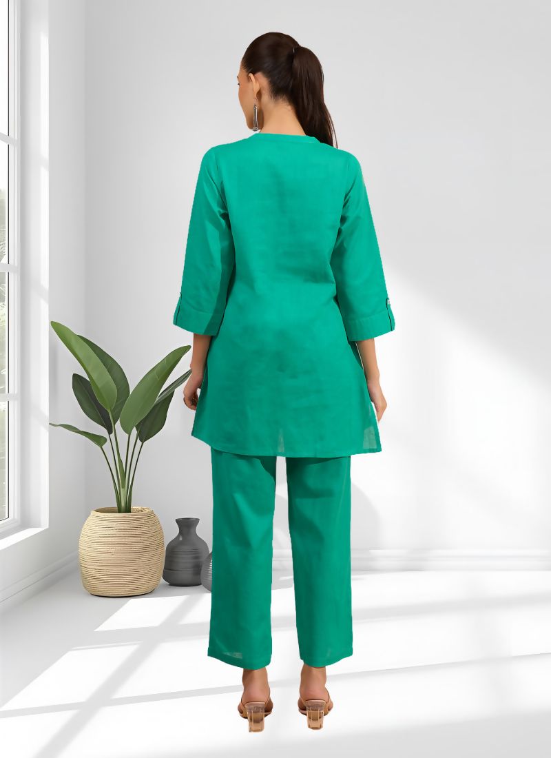 Joban Fashion Sea Green Cotton, Linen Embroidered Readymade Cord Set | Grocsy
