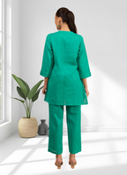 Joban Fashion Sea Green Cotton, Linen Embroidered Readymade Cord Set | Grocsy
