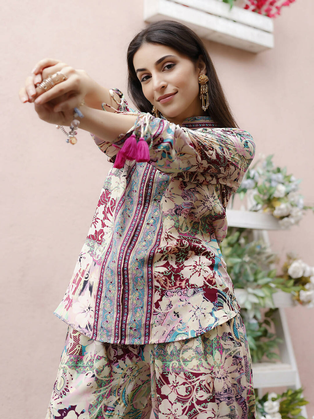 Cream Rayon Floral Printed Top with Matching Bottom - Eesha | Grocsy