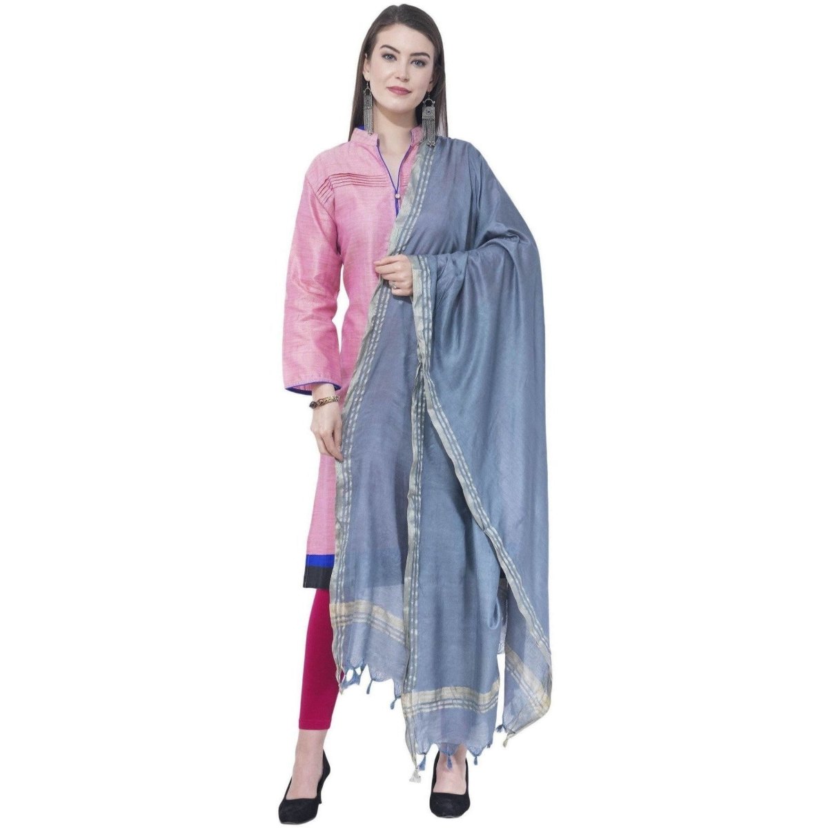 A R Silk Gray Color Golden Border Cotton Dupattas and Chunnis | Grocsy