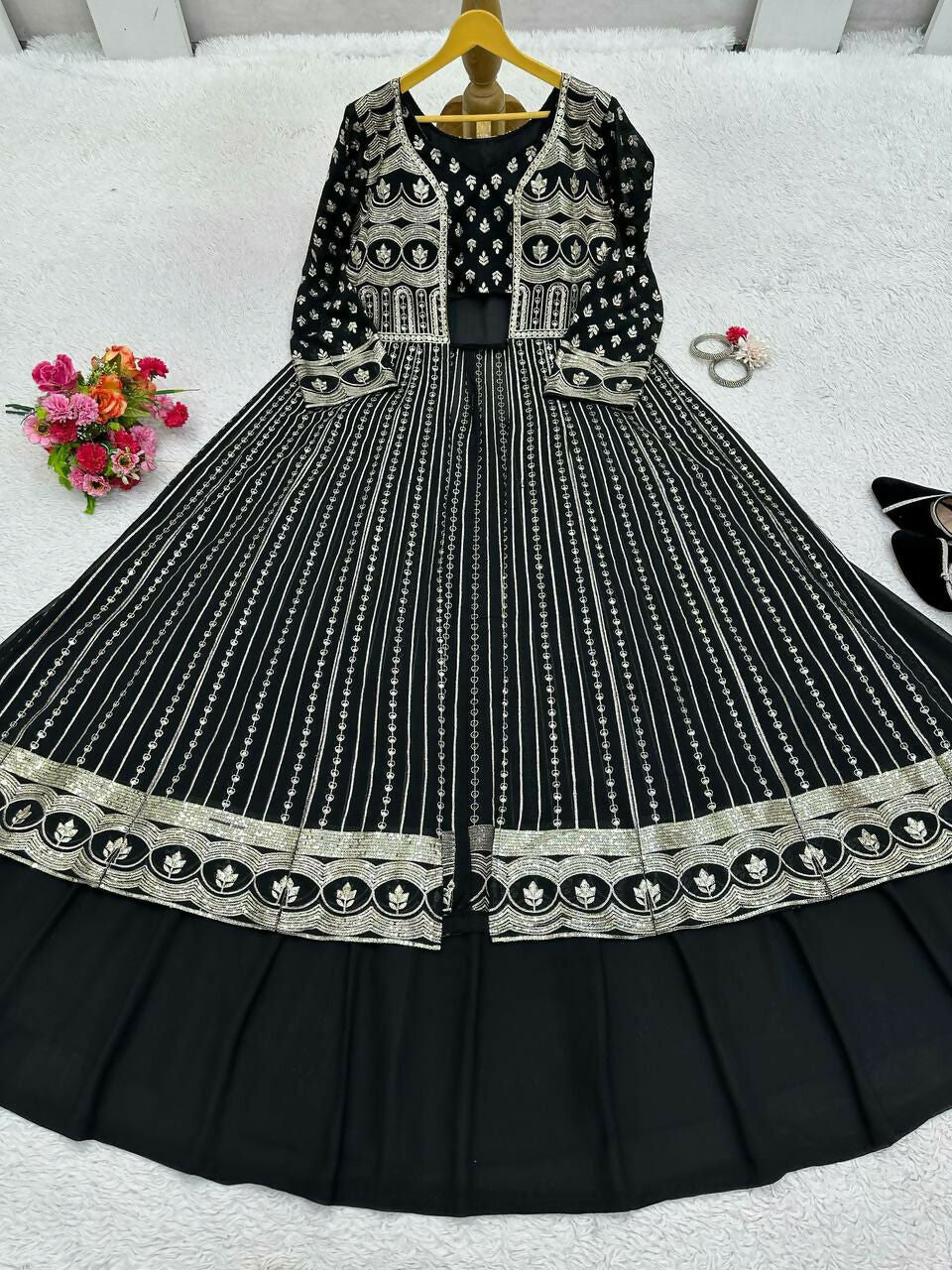 Jyoti Fashion Women's Black Faux Georgette Sequins with Thread Embroidered Designer Lehenga Choli with Shrug Set | Grocsy