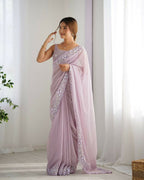 Georgette Designer Sequance Embroidery Work Party Wear Saree - Lavender | Grocsy