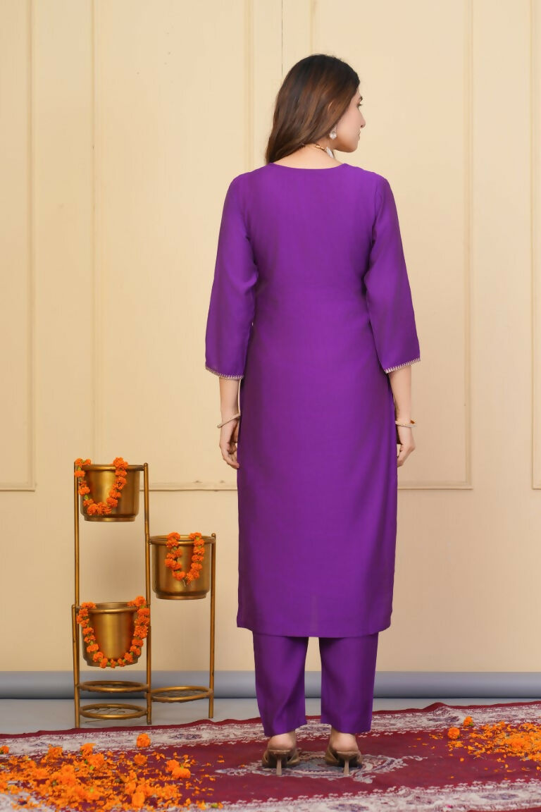 Purple Viscose Chanderi Embroidered Stitched Suit With Dupatta - Tanisha | Grocsy