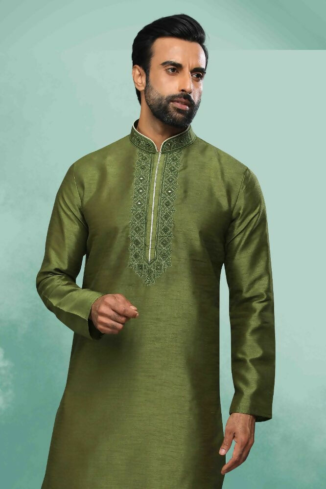 Raivat Ethnic Art Silk Mirror Embroidery Work Kurta Pajama In Green Colour | Grocsy