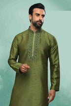 Raivat Ethnic Art Silk Mirror Embroidery Work Kurta Pajama In Green Colour | Grocsy