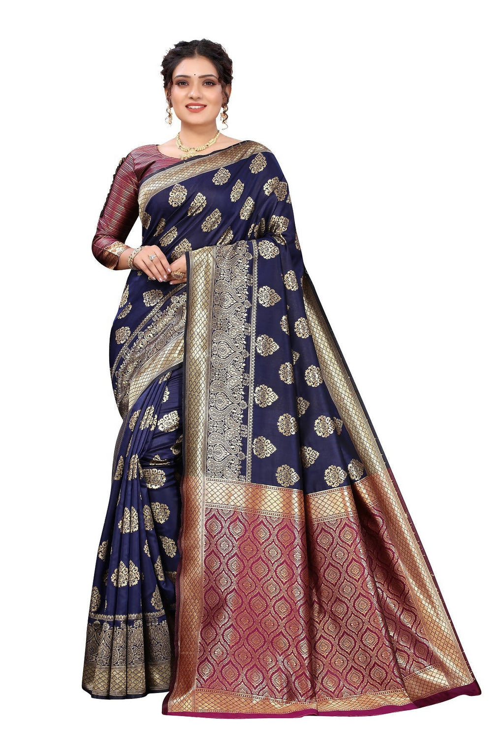 Vamika Ethnic Fire Navy Blue Weaving Banarasi Jacquard Saree | Grocsy
