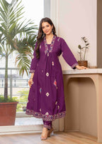 Jaimini Women Cotton Printed V-Neck 3/4 Sleeves Calf Length Flared Kurta Pant And Dupatta Set | Grocsy