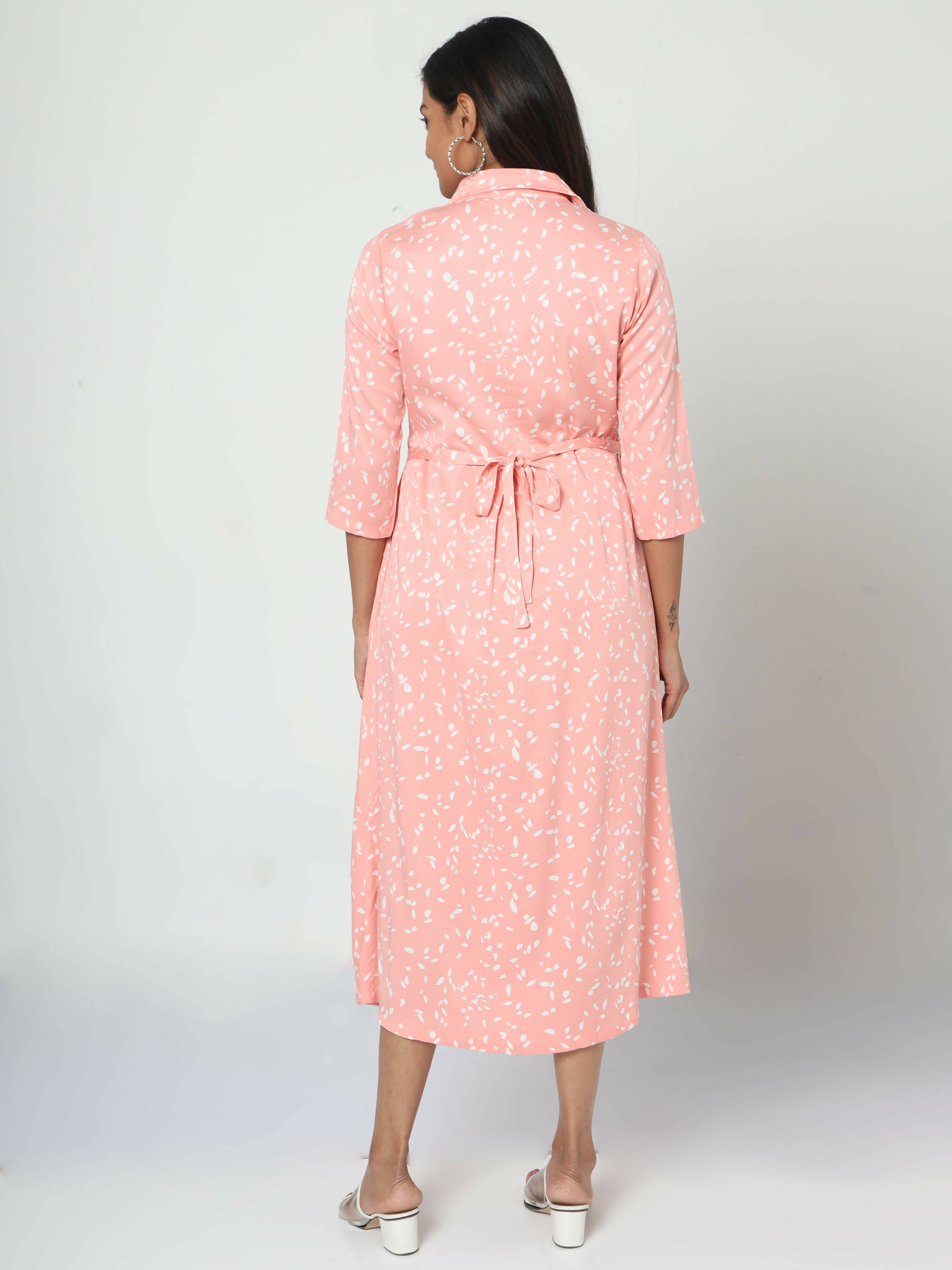 Manet Three Fourth Maternity Dress White Dot Print With Concealed Zipper Nursing Access - Pink | Grocsy