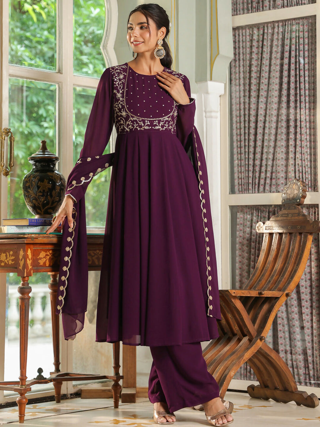 Janasya Purple Georgette Embroidered Kurta,Bottom & Dupatta | Grocsy