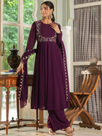 Janasya Purple Georgette Embroidered Kurta,Bottom & Dupatta | Grocsy
