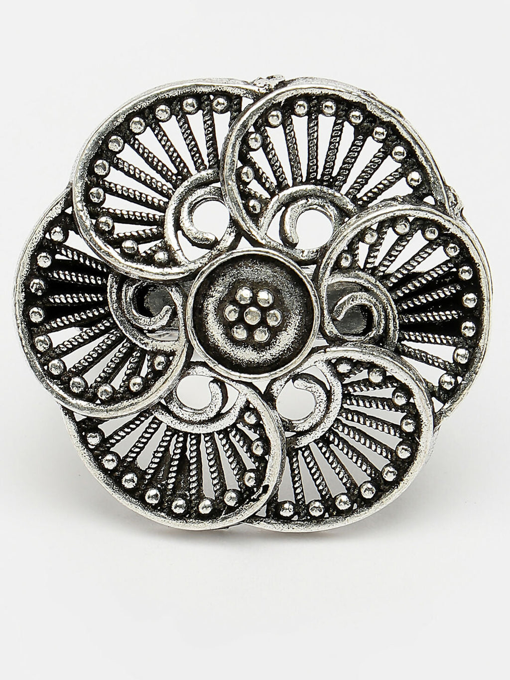 NVR Women's Silver-Toned Floral Shape Adjustable Finger Ring | Grocsy