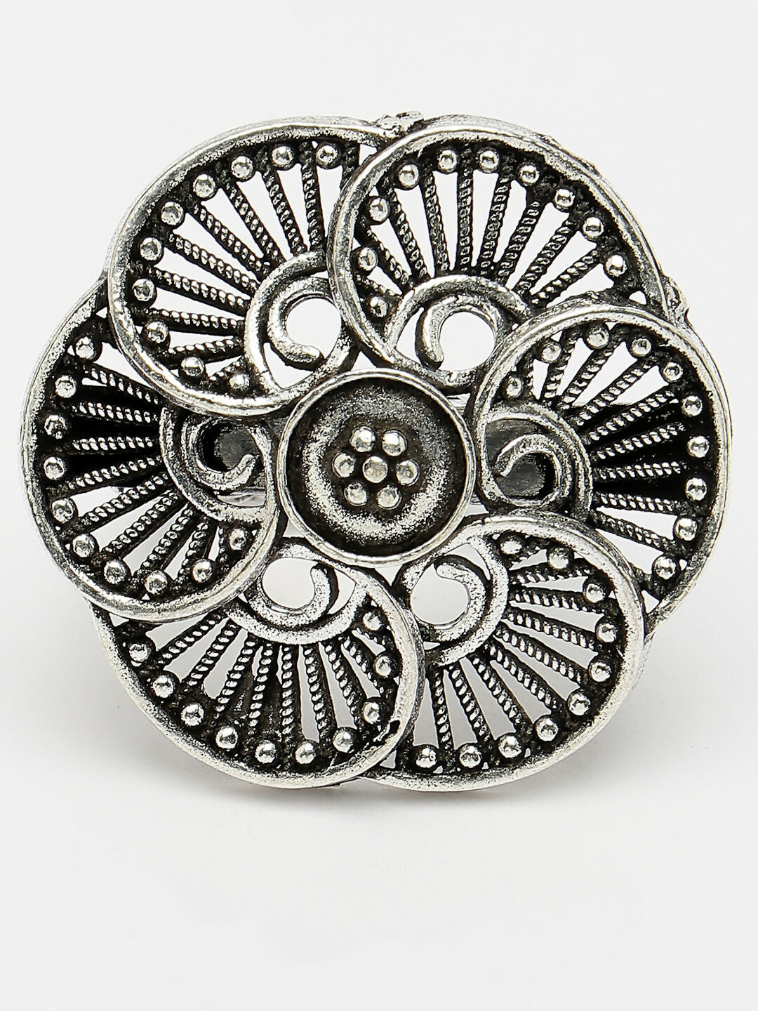NVR Women's Silver-Toned Floral Shape Adjustable Finger Ring | Grocsy