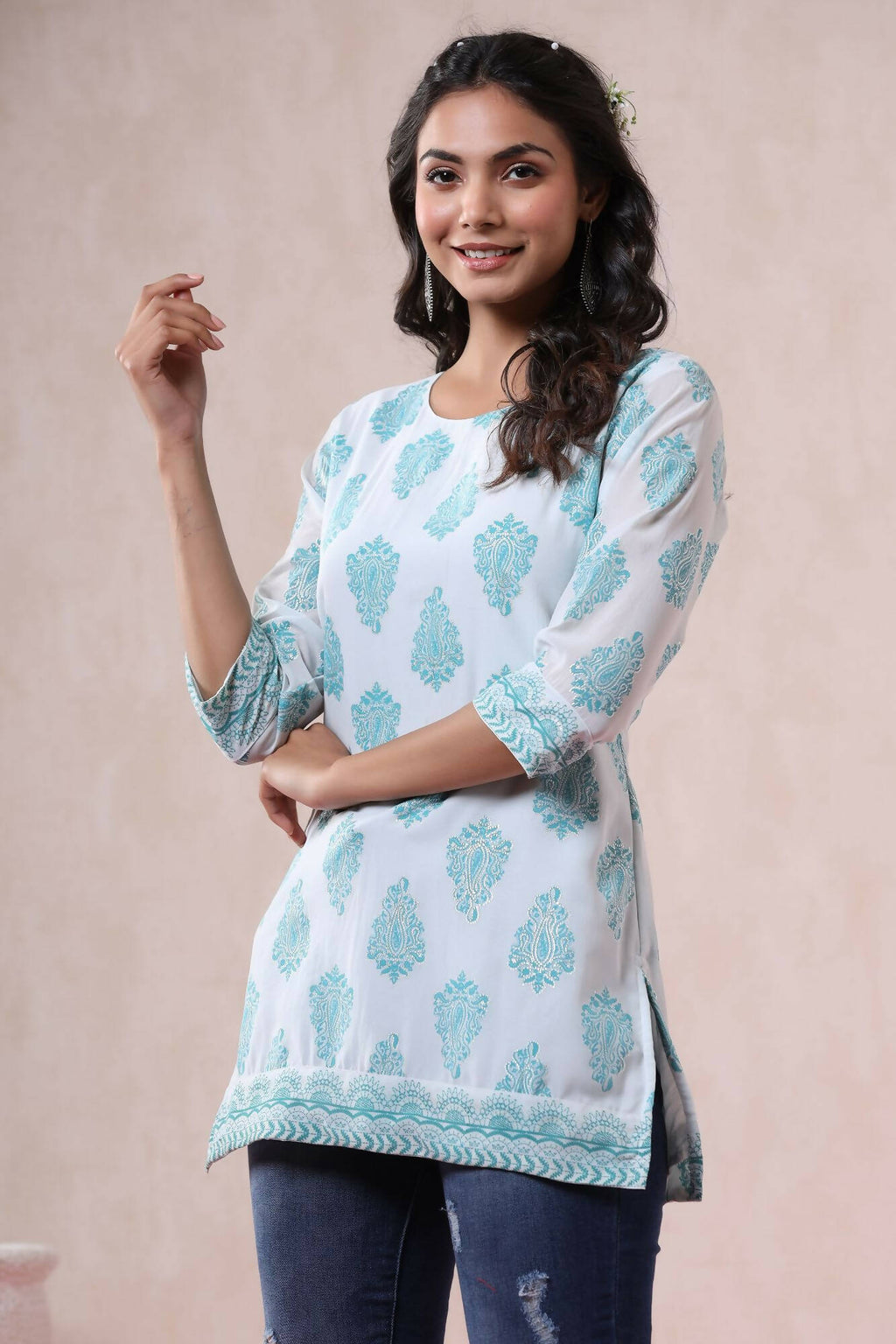Juniper Women Bluemulti Georgette Printed Straight Tunic | Grocsy
