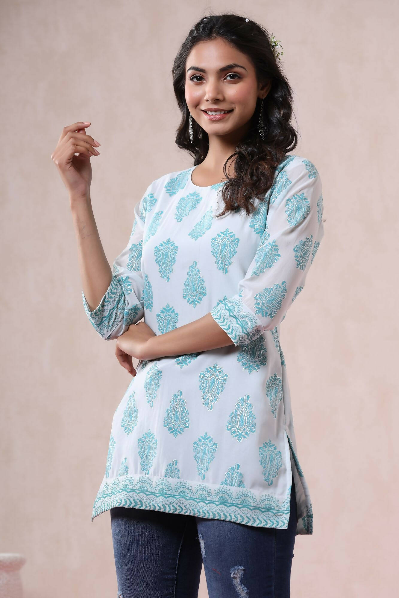 Juniper Women Bluemulti Georgette Printed Straight Tunic | Grocsy