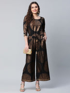 Ahalyaa Black Crepe Copper Foil Printed Jumpsuit | Grocsy