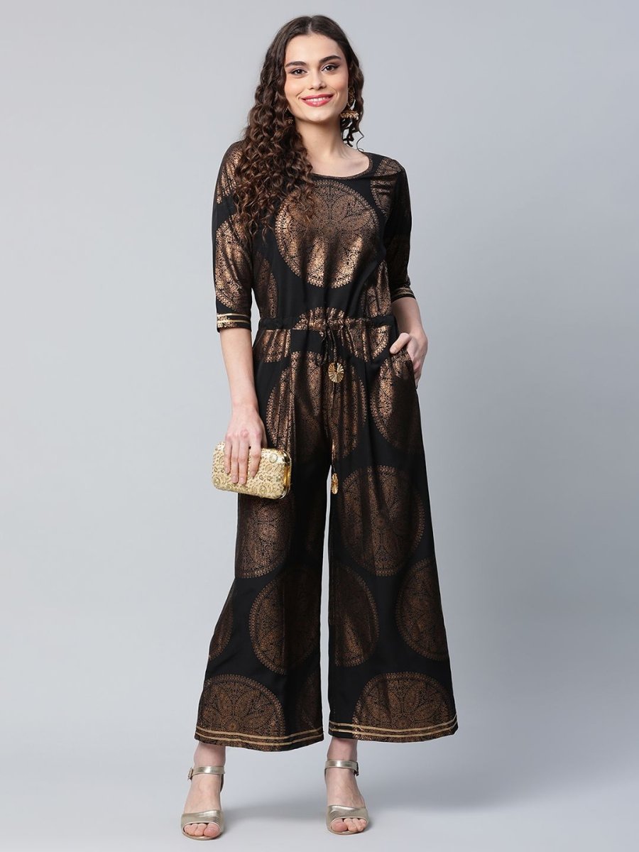 Ahalyaa Black Crepe Copper Foil Printed Jumpsuit | Grocsy